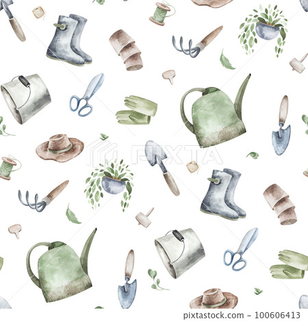 Seamless pattern, background, texture. Watercolor drawing of a garden hobby. Planting seedlings, plants. garden supplies, garden tools. Seamless pattern, background, texture. Watercolor drawing of a garden hobby. Planting seedlings, plants. garden supplies, garden tools. 100606413