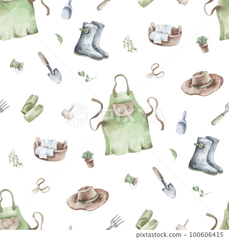 Seamless pattern, background, texture. Watercolor drawing of a garden hobby. Planting seedlings, plants. garden supplies, garden tools. 100606415