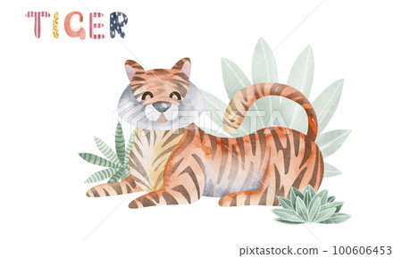 Watercolor illustration tiger. Children's illustration of an African animal. Book drawing. 100606453