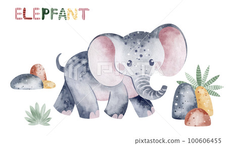 Watercolor illustration Baby elephant. Children's illustration of an African animal. Book drawing. Watercolor illustration Baby elephant. Children's illustration of an African animal. Book drawing. 100606455