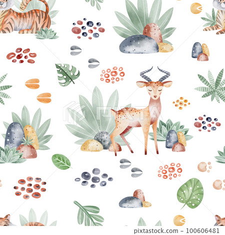 Animals of Africa seamless pattern with tropical leaves. Watercolor seamless pattern. Packaging design, poster, fabrics, digital paper, sublimation. 100606481