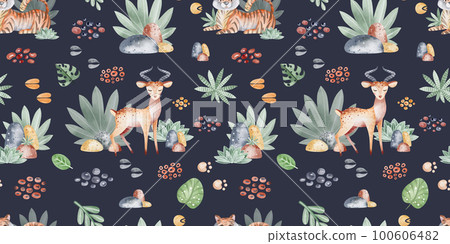 Animals of Africa seamless pattern with tropical leaves. Watercolor seamless pattern. Packaging design, poster, fabrics, digital paper, sublimation. 100606482