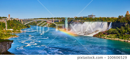 Stunning rainbow over Niagara River looking at American Falls and Rainbow Bridge Stunning rainbow over Niagara River looking at American Falls and Rainbow Bridge 100606529