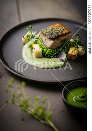 Lamb belly peas with herb crusted roast potato puree. Illustration AI Generative 100607082