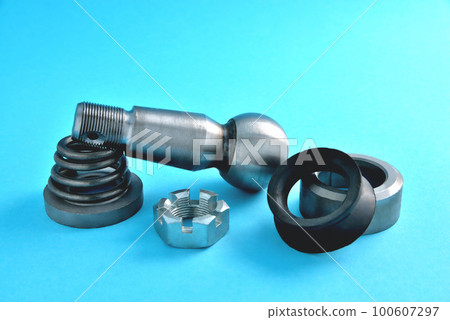 auto parts, car steering gear parts elements, truck parts, steering gear repair kit, steering pin and spring, car parts blue background 100607297
