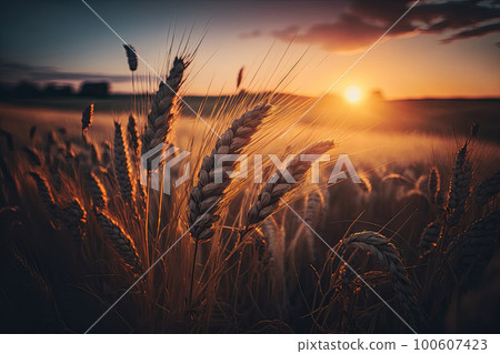 Beautiful nature sunset landscape. Golden wheat ears. Illustration AI Generative Beautiful nature sunset landscape. Golden wheat ears. Illustration AI Generative 100607423