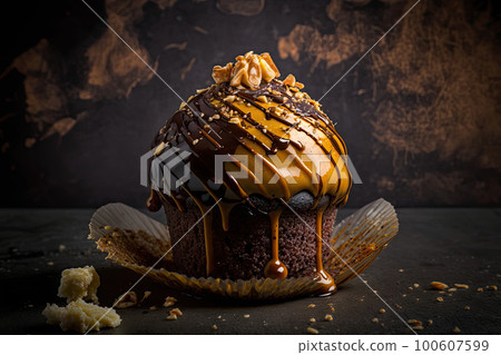 Chocolate caramel cupcake with nuts and butterscotch. Illustration AI Generative 100607599
