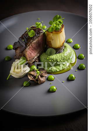 Lamb belly peas with herb crusted roast potato puree. Illustration AI Generative 100607602