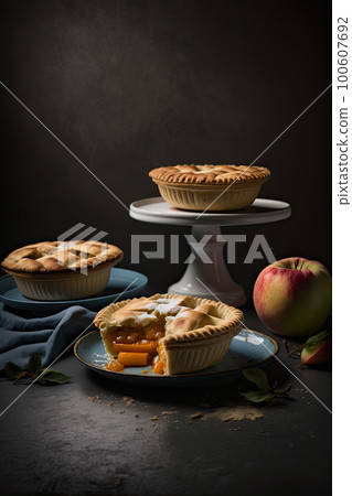 Apple and peach pies on plates documentary photography. Illustration AI Generative 100607692