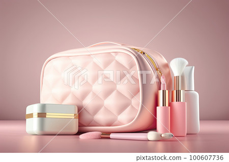 Pink make-up bag with cosmetic products. Illustration AI Generative 100607736