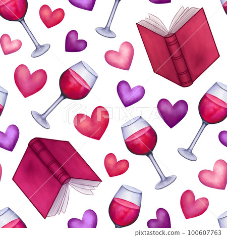 Seamless pattern with books, red wine glass and hearts. Illustration for valentine day giftware, stationery. Romantic background. Seamless pattern with books, red wine glass and hearts. Illustration for valentine day giftware, stationery. Romantic background. 100607763