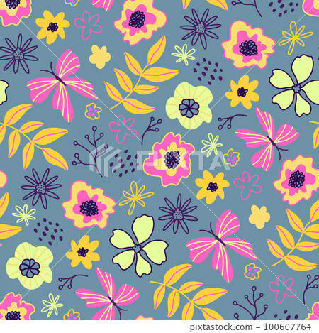 Floral seamless pattern. Flowers, leaves, butterflies. Vector background. Modern flat style, memphis cute design. Hand drawn illustration. Texture for print, fabric, textile, wallpaper. 100607764