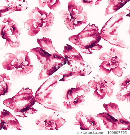 Floral seamless background. Pattern with beautiful watercolor flowers and fish. Botanical hand drawn illustration. Texture for print, fabric, textile, packing. Floral seamless background. Pattern with beautiful watercolor flowers and fish. Botanical hand drawn illustration. Texture for print, fabric, textile, packing. 100607765