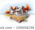 Architectural sketch of a modern house, drawing of a building 100608298