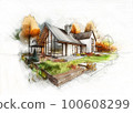 House with garden, architectural sketch or drawing 100608299