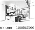 Architectural sketch of a modern modern kitchen, black and white drawing 100608300