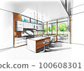 Colored sketch drawing of a modern modern kitchen, architectural design 100608301