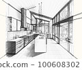 Architectural sketch of a modern modern kitchen, black and white drawing 100608302