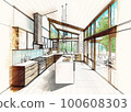 Colored sketch drawing of a modern modern kitchen, architectural design 100608303