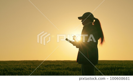 Agriculture. farming concept. farmer agronomist field wheat works in the tablet at sunset. farmer silhouette. market partnership camera researcher american greenhouse land back smile smartphone Agriculture. farming concept. farmer agronomist field wheat works in the tablet at sunset. farmer silhouette. market partnership camera researcher american greenhouse land back smile smartphone 100608681
