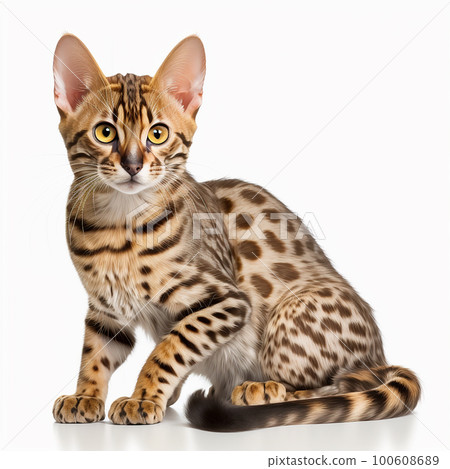 Beautiful spotted leopard color cat breed bengal portrait isolated on white close-up, lovely home pet 100608689