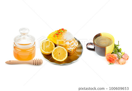 Sweet pastries and other desserts isolated on white . Collage. Free space for text. 100609653