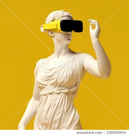 Statue of Venus equipped with VR headset. Metaverse concept with copy space. Statue of Venus equipped with VR headset. Metaverse concept with copy space. 100609934