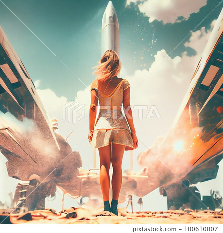 A girl watches a space rocket take off into the sky. A spaceship flies in search of new planets. Generative AI Art. 100610007