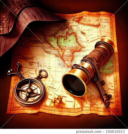 An ancient pirate map in the cabin of a pirate ship. Image of an ancient ancient pirate map. An ancient pirate map in the cabin of a pirate ship. Image of an ancient ancient pirate map. 100610011