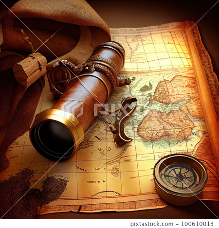 An ancient pirate map in the cabin of a pirate ship. Image of an ancient ancient pirate map. 100610013