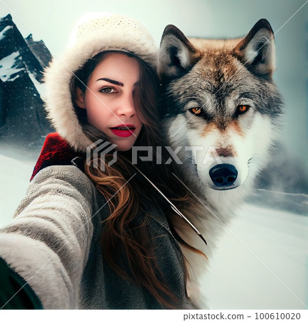 A girl and her wolf against a backdrop of snowy mountains. Generative AI Art. 100610020