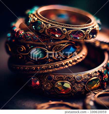 Gemstones, rings, earrings and bracelets. Jewelry and accessories for the fashionable woman. Generative AI Art. Gemstones, rings, earrings and bracelets. Jewelry and accessories for the fashionable woman. Generative AI Art. 100610059