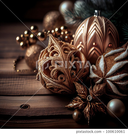 Christmas decoration on an abstract background. Christmas balls and Christmas cones. Generative AI Art. 100610061