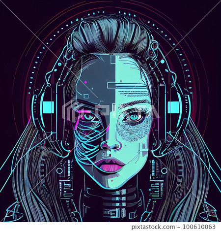 Portrait of a sci-fi cyberpunk girl. High-tech futuristic woman from the future. Generative AI Art. 100610063