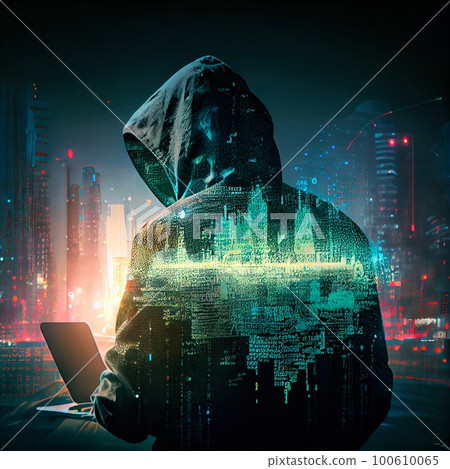 Portrait of a sci-fi cyberpunk hacker. High-tech futuristic man from the future. Generative AI Art. 100610065
