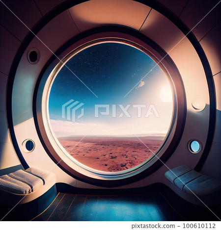 View from the passenger cabin of the spacecraft. Generative AI Art. 100610112