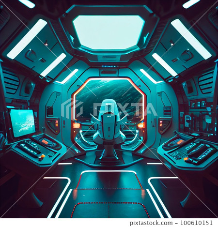 View from the cockpit of a spaceship captain rushing through space at high speed. Generative AI Art. 100610151