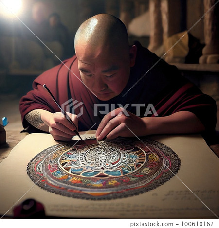 An old Buddhist monk dressed as a monk. Meditating Buddhist monk. Generative AI Art. 100610162