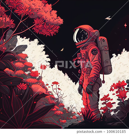 An astronaut on an alien planet. A high-tech astronaut from the future. Generative AI Art. 100610185