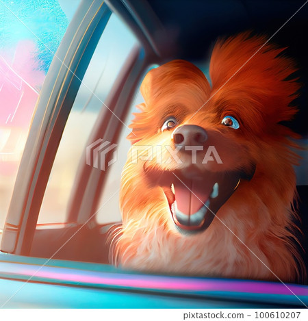 A playful, happy puppy peeks out the car window and is happy. The cheerful dog travels. Generative AI Art 100610207