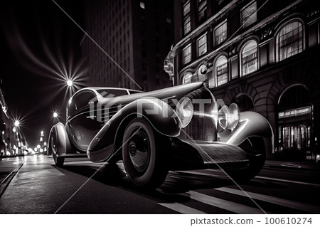 Retro car racing down the road through the old town. The picture is in black and white. Generative AI Art. Retro car racing down the road through the old town. The picture is in black and white. Generative AI Art. 100610274