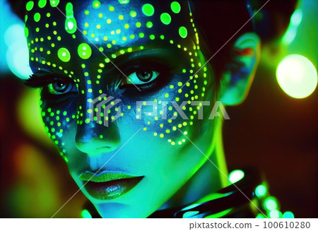 Portrait of a mystical fantasy bioluminescent neon woman. Glamorous fashionable lady. Generative AI Art. Portrait of a mystical fantasy bioluminescent neon woman. Glamorous fashionable lady. Generative AI Art. 100610280