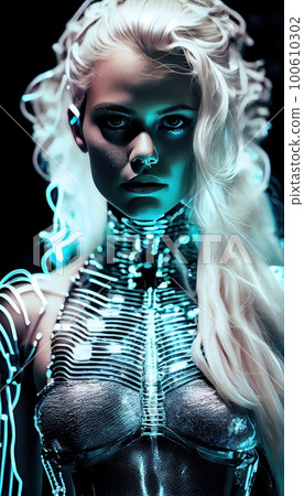 Futuristic fashion show with beautiful women model and futuristic outfit.  Generative Ai, Not a real person Stock Photo