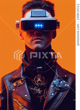 Portrait of a sci-fi cyberpunk man. High-tech futuristic man from the future. Generative AI Art. 100610312
