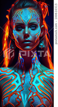 Portrait of a mystical fantasy bioluminescent neon woman. Glamorous fashionable lady. Generative AI Art. 100610313