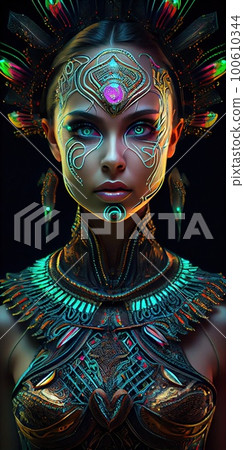 Portrait of a mystical fantasy bioluminescent neon woman. Glamorous fashionable lady. Generative AI Art. Portrait of a mystical fantasy bioluminescent neon woman. Glamorous fashionable lady. Generative AI Art. 100610344