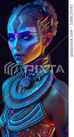 Portrait of a mystical fantasy bioluminescent neon woman. Glamorous fashionable lady. Generative AI Art. Portrait of a mystical fantasy bioluminescent neon woman. Glamorous fashionable lady. Generative AI Art. 100610345