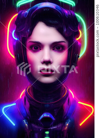Portrait of a sci-fi cyberpunk girl. High-tech futuristic woman from the future. Generative AI Art. 100610346