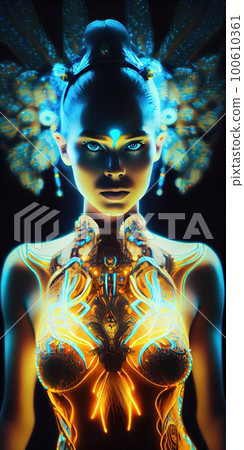 Portrait of a mystical fantasy bioluminescent neon woman. Glamorous fashionable lady. Generative AI Art. Portrait of a mystical fantasy bioluminescent neon woman. Glamorous fashionable lady. Generative AI Art. 100610361