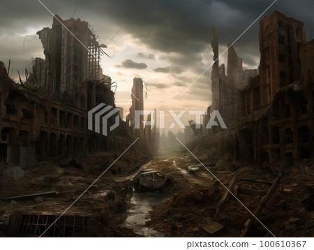 A post-apocalyptic ruined city. Destroyed buildings, destroyed roads, blown up skyscrapers. Generative AI Art. A post-apocalyptic ruined city. Destroyed buildings, destroyed roads, blown up skyscrapers. Generative AI Art. 100610367